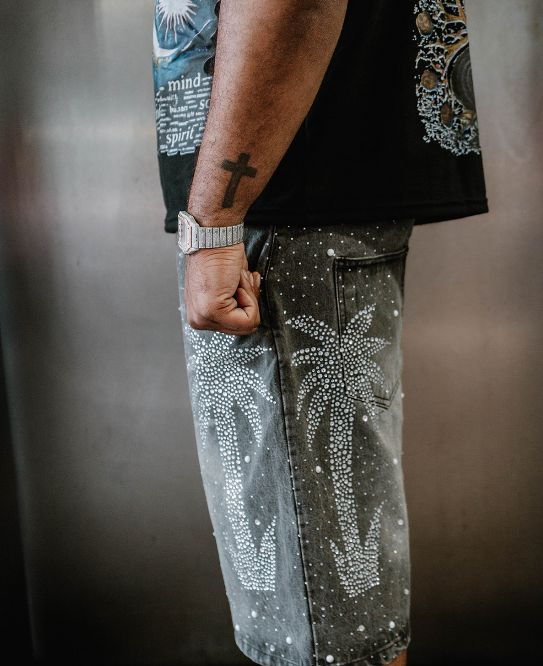 NBH Palm Tree Rhinestone Denim Shorts (Grey Wash)